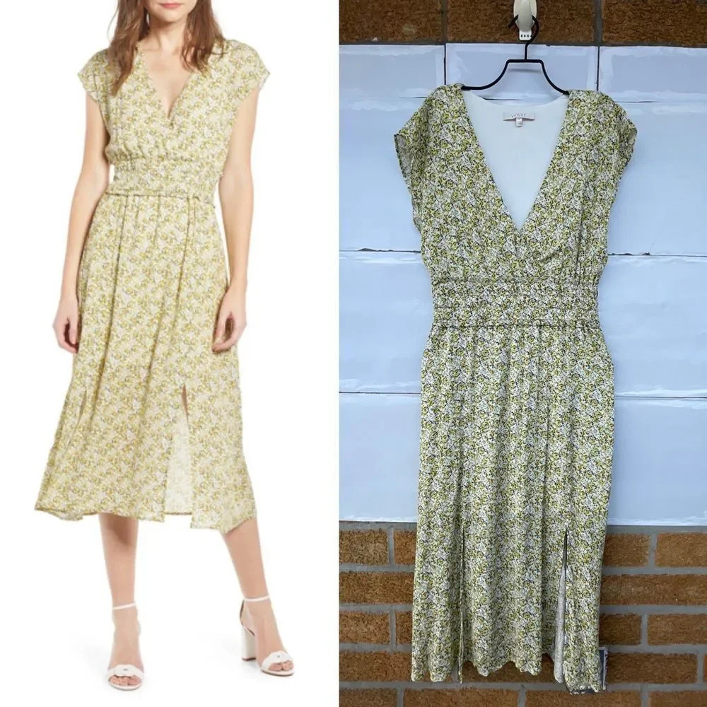 WAYF Leanne Double Slit Smocked Midi Dress small
